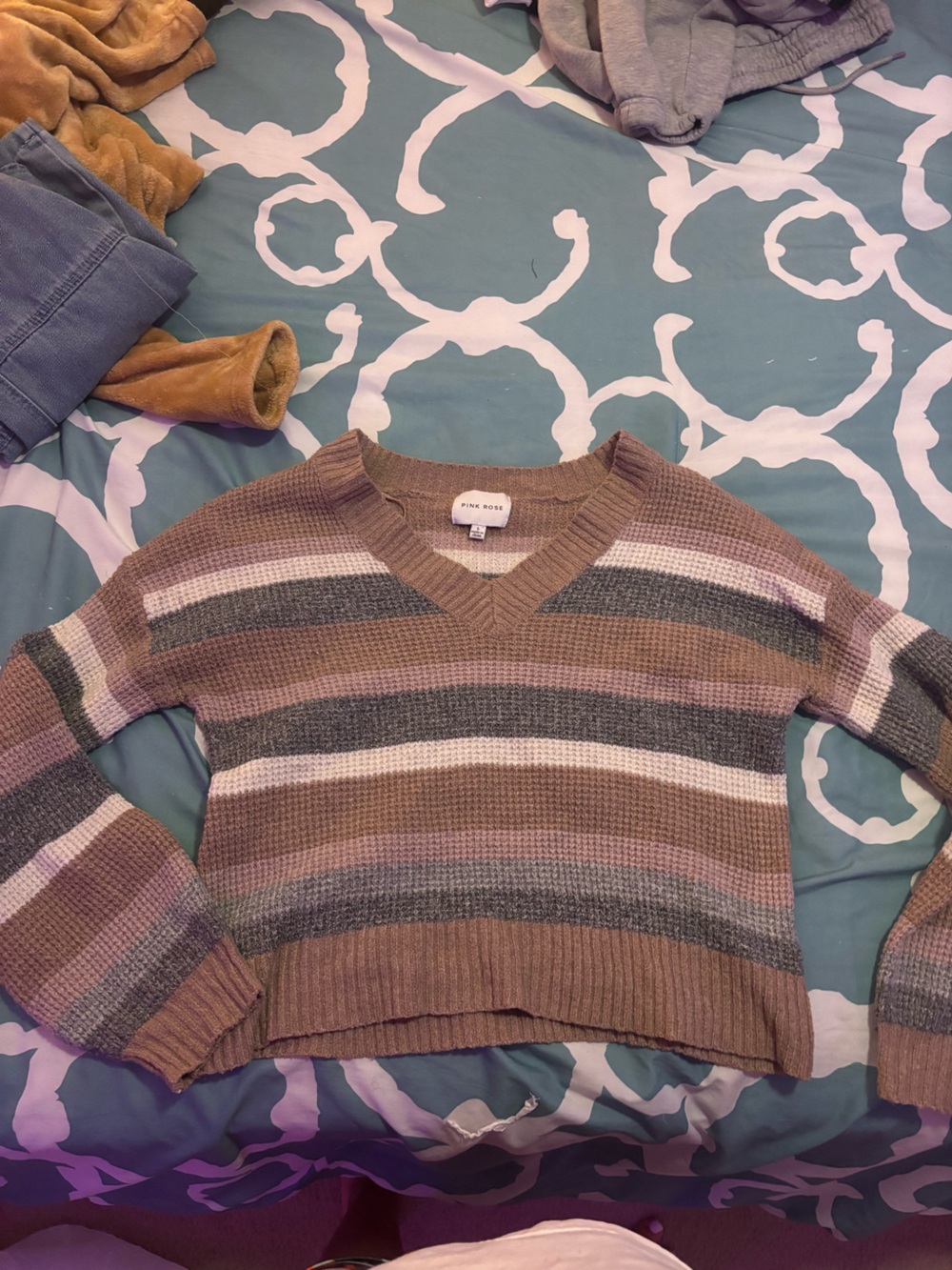 Pink Rose Women's V-Neck Striped Knit Sweater - Taupe Multi